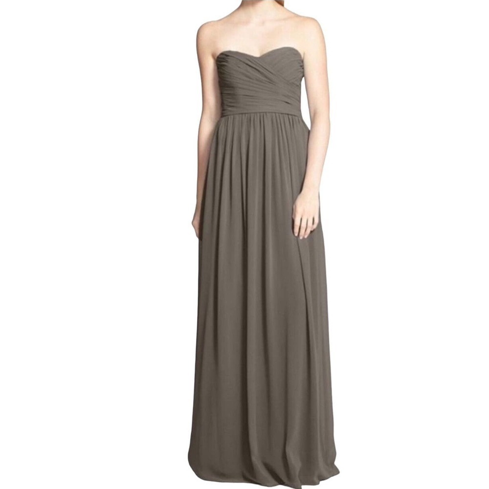 MONIQUE Lhuillier Bridesmaids Dress Gown Size 12 Strapless‎ Chiffon Gray Ruched